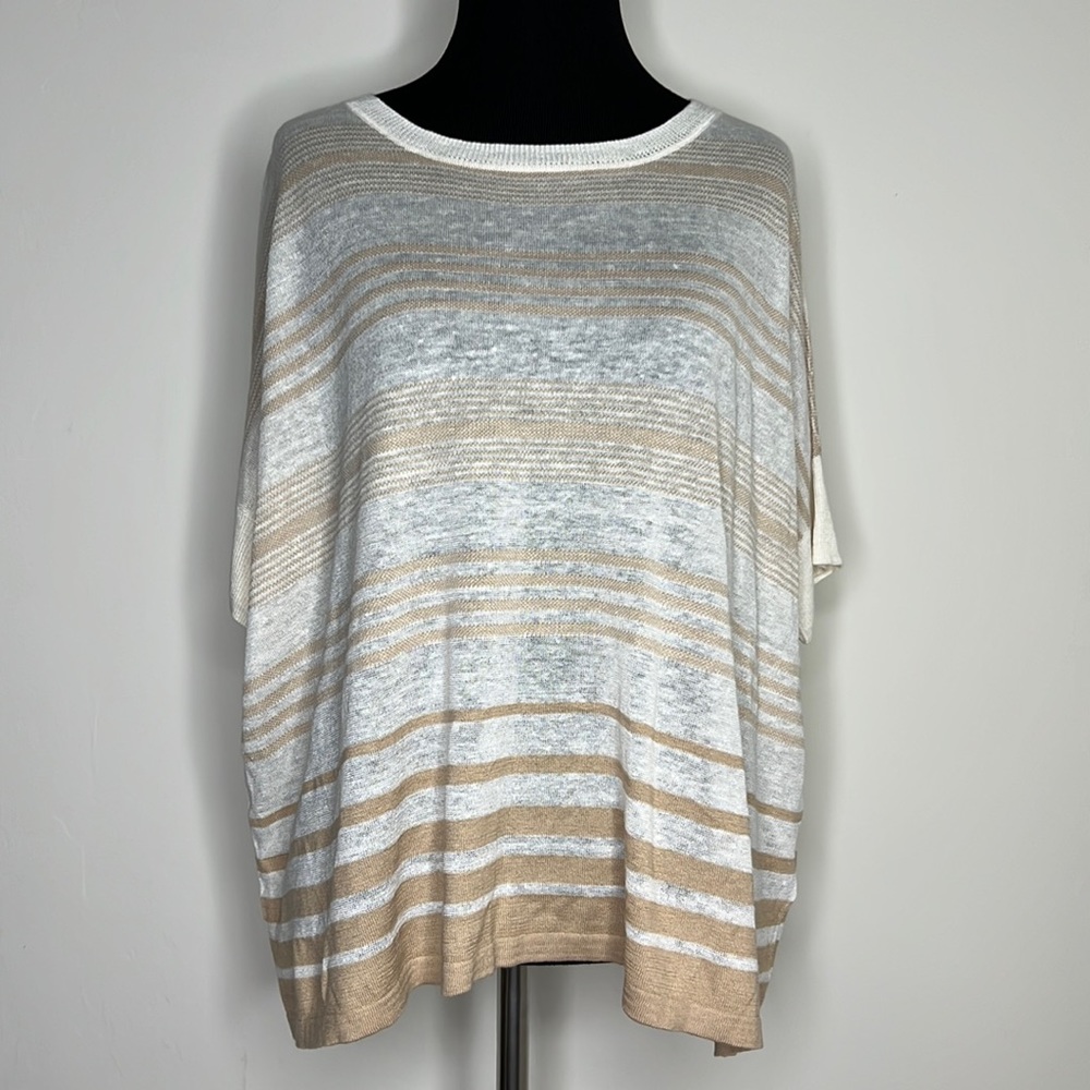 PURE COLLECTION Ivory/ Tan Striped Linen/ Silk Blend Top 6
